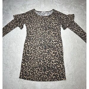 First Love Women's Small Leopard Long‎ Sleeve Pockets Scoop Neck Short Dress NEW
